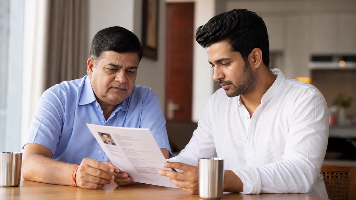 Father and adult son reviewing a marriage biodata at a sunlit Delhi dining table