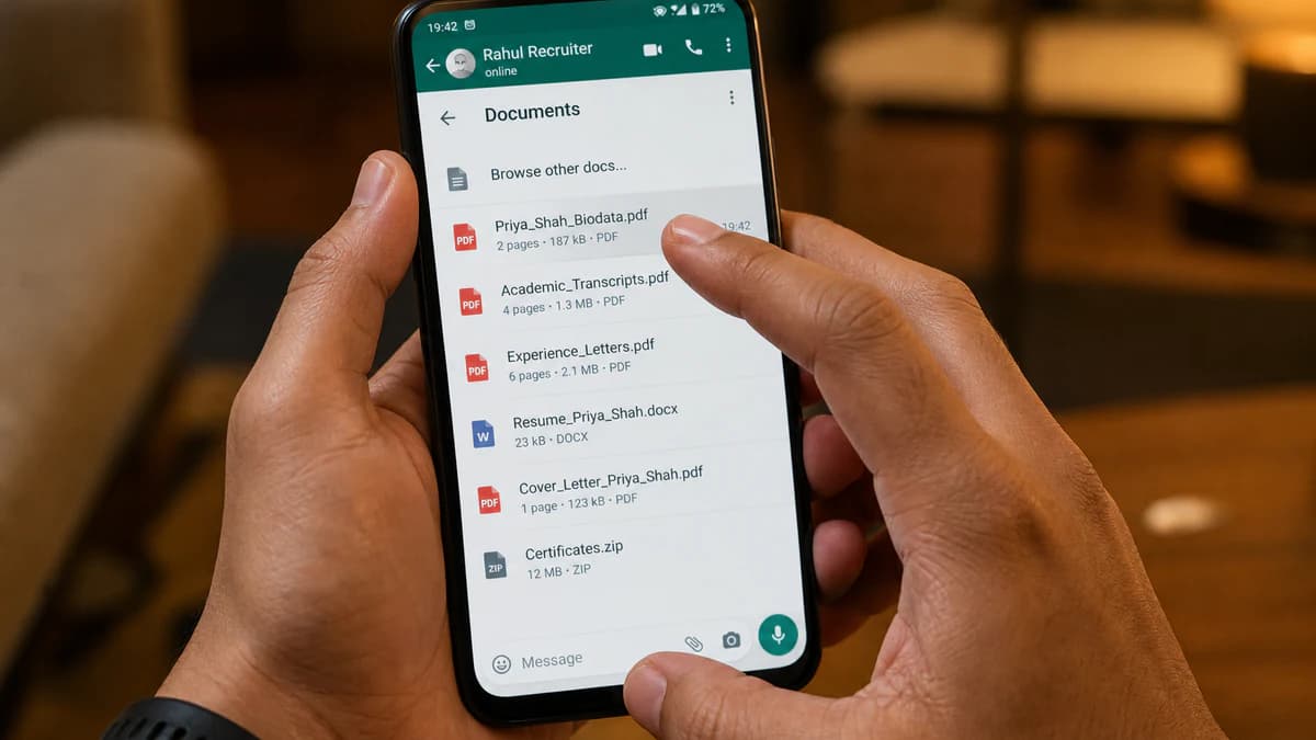ਸਮਾਰਟਫੋਨ ’ਤੇ WhatsApp Document ਵਜੋਂ ਵਿਆਹ ਬਾਇਓਡਾਟਾ PDF ਅਟੈਚ ਕਰਦੇ ਹੱਥ