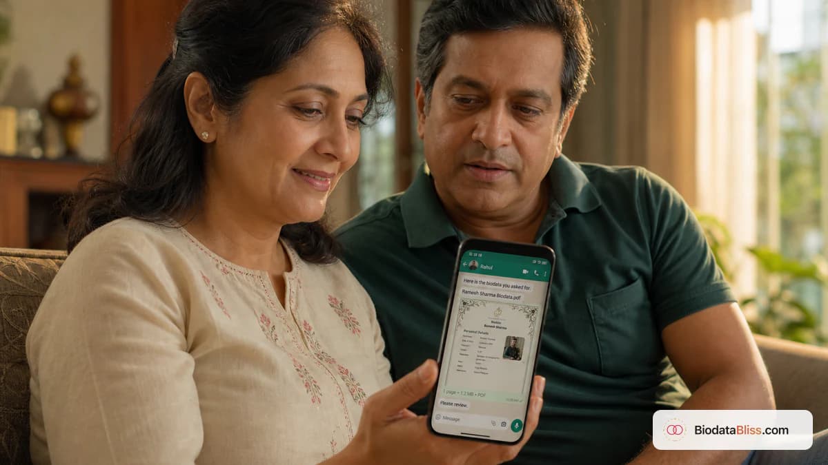 WhatsApp ਚੈਟ ਵਿੱਚ ਫੋਨ ’ਤੇ ਵਿਆਹ ਬਾਇਓਡਾਟਾ PDF ਸਕਿਮ ਕਰਦੇ ਮਾਤਾ-ਪਿਤਾ