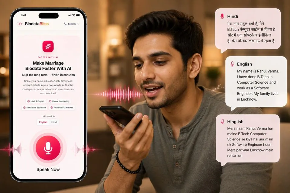 Hindi and English voice input for marriage biodata on BiodataBliss