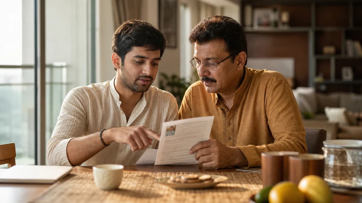 Father and son reviewing a marriage biodata at a sunlit dining table