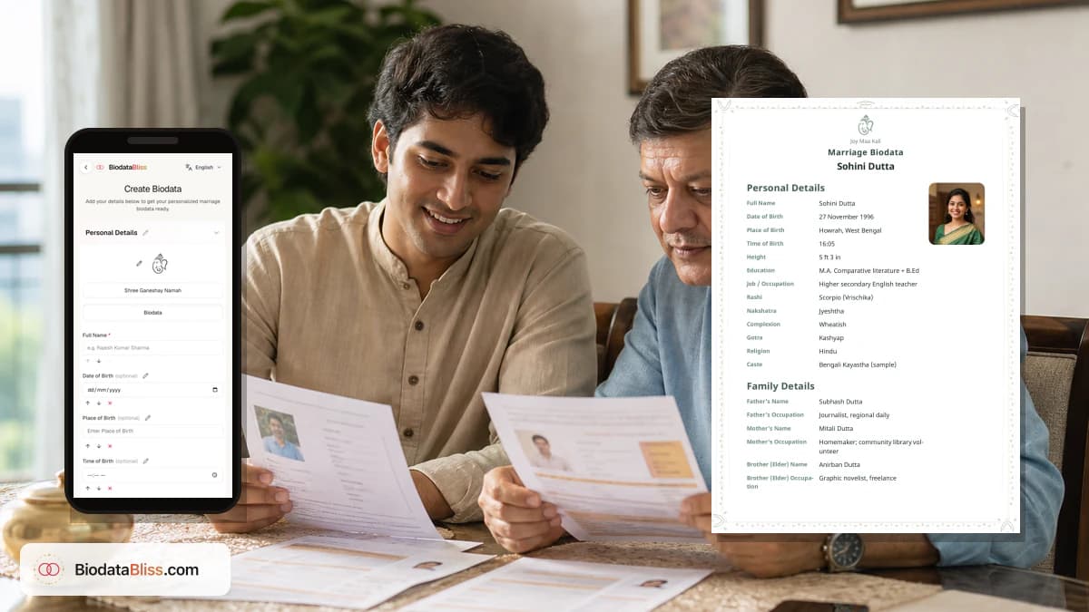 Father and son reviewing marriage biodata salary details at a sunlit dining table
