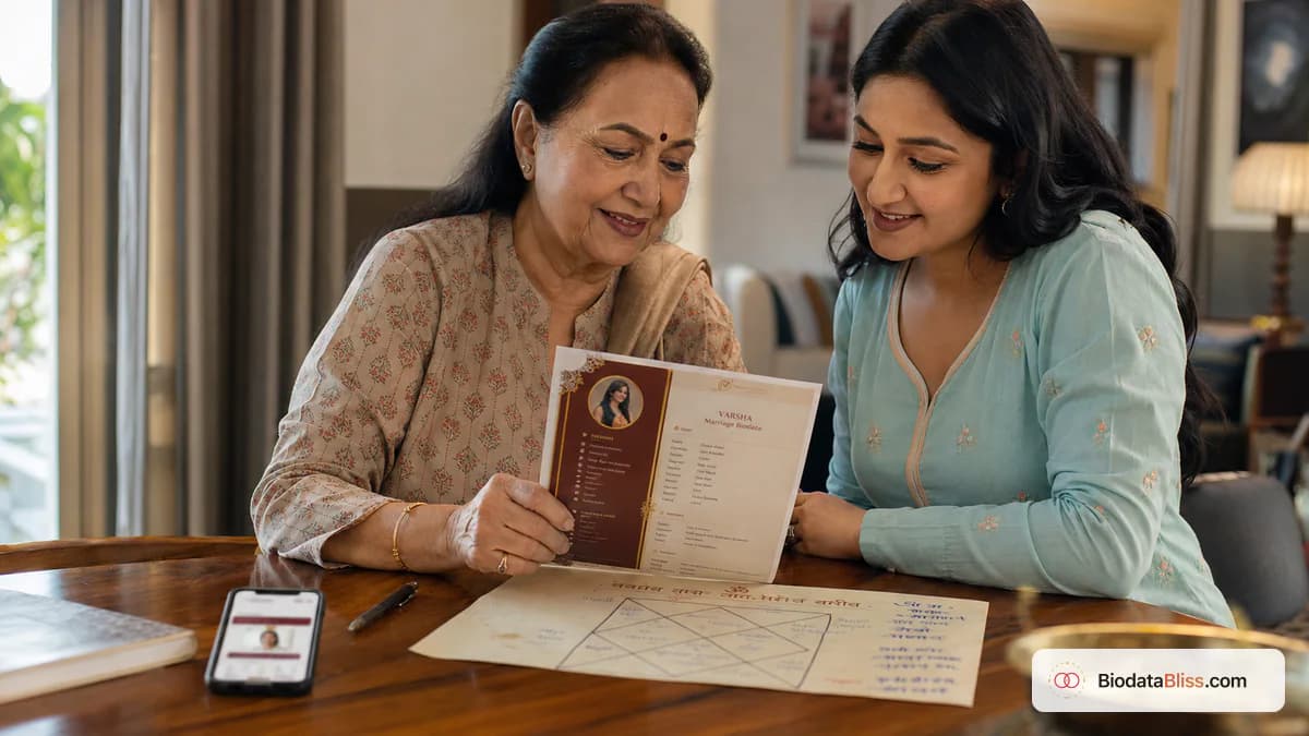 Family reviewing rashi and nakshatra details for marriage biodata