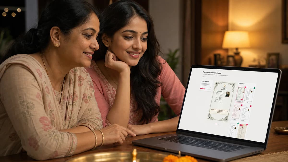 Mother and daughter previewing marriage biodata templates on BiodataBliss