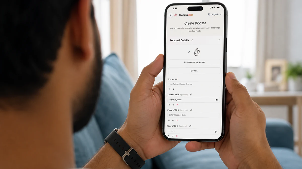 Phone showing BiodataBliss Create Biodata form for marriage biodata online