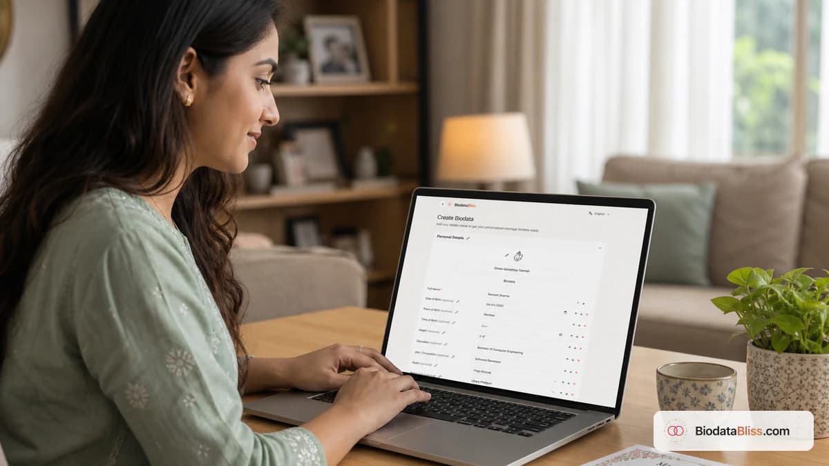 Woman creating a free marriage biodata online on BiodataBliss laptop form