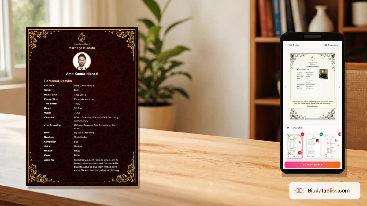 Government employee marriage biodata template showing designation and posting