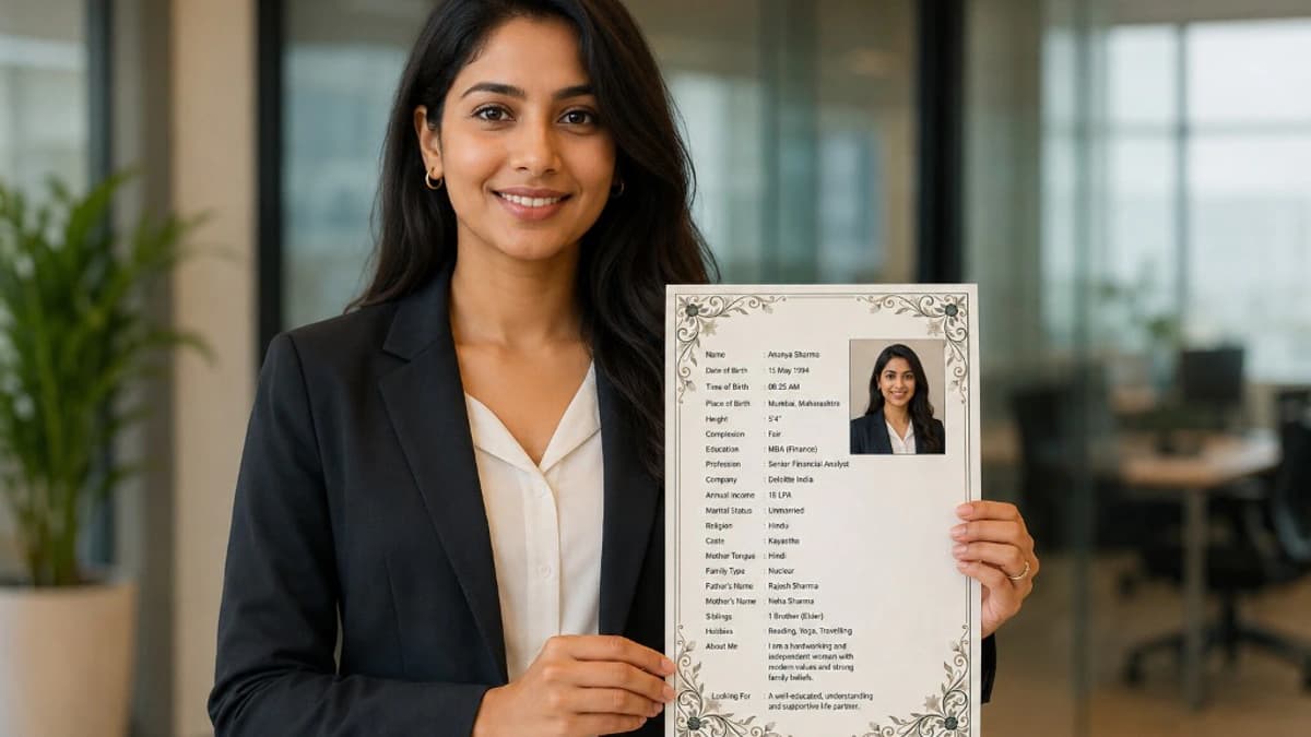 Working woman holding marriage biodata — career highlights guide for professionals
