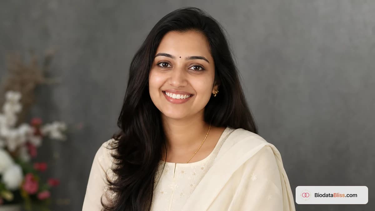 Clear marriage biodata portrait with modest outfit and plain background