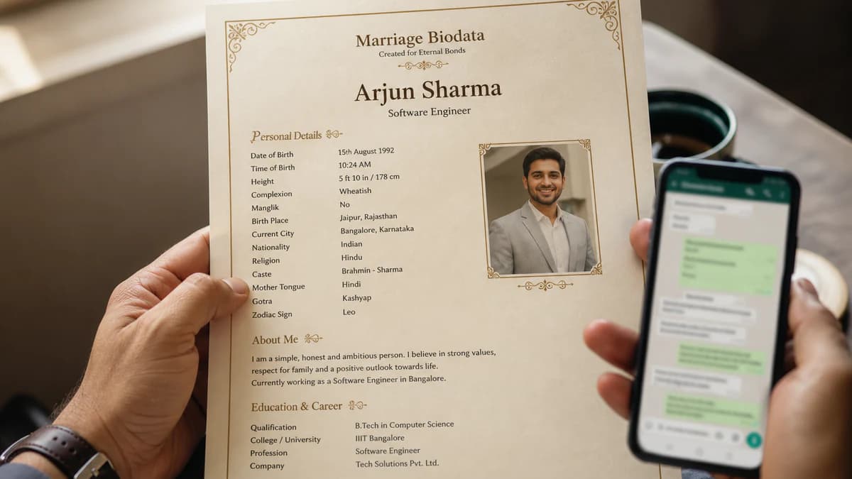 Hands holding a printed ivory marriage biodata before WhatsApp share