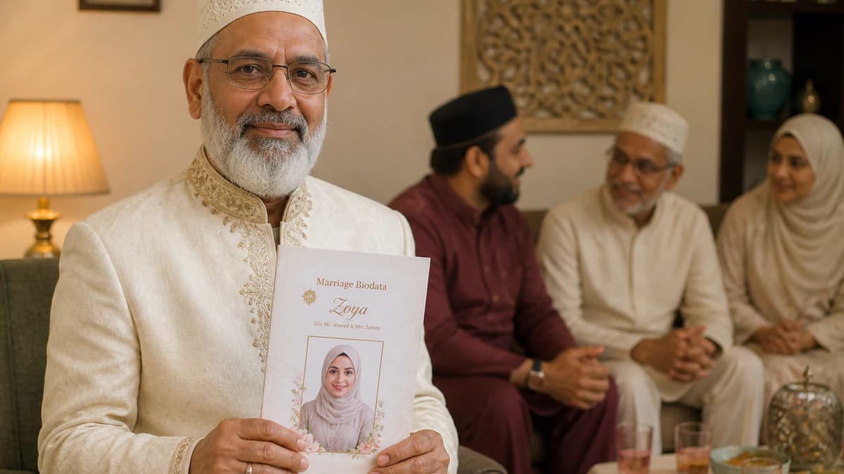 Muslim father in sherwani holding a printed marriage biodata ready to share