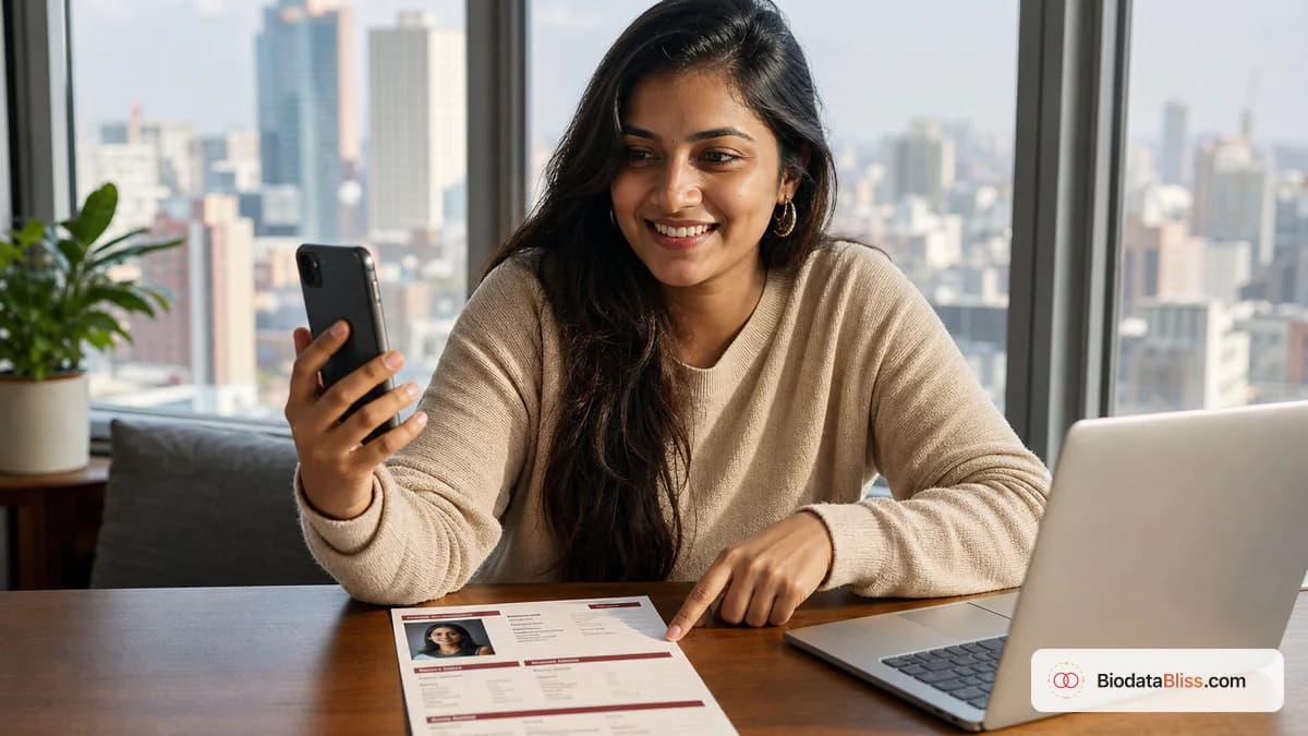 NRI professional preparing marriage biodata with country and visa details