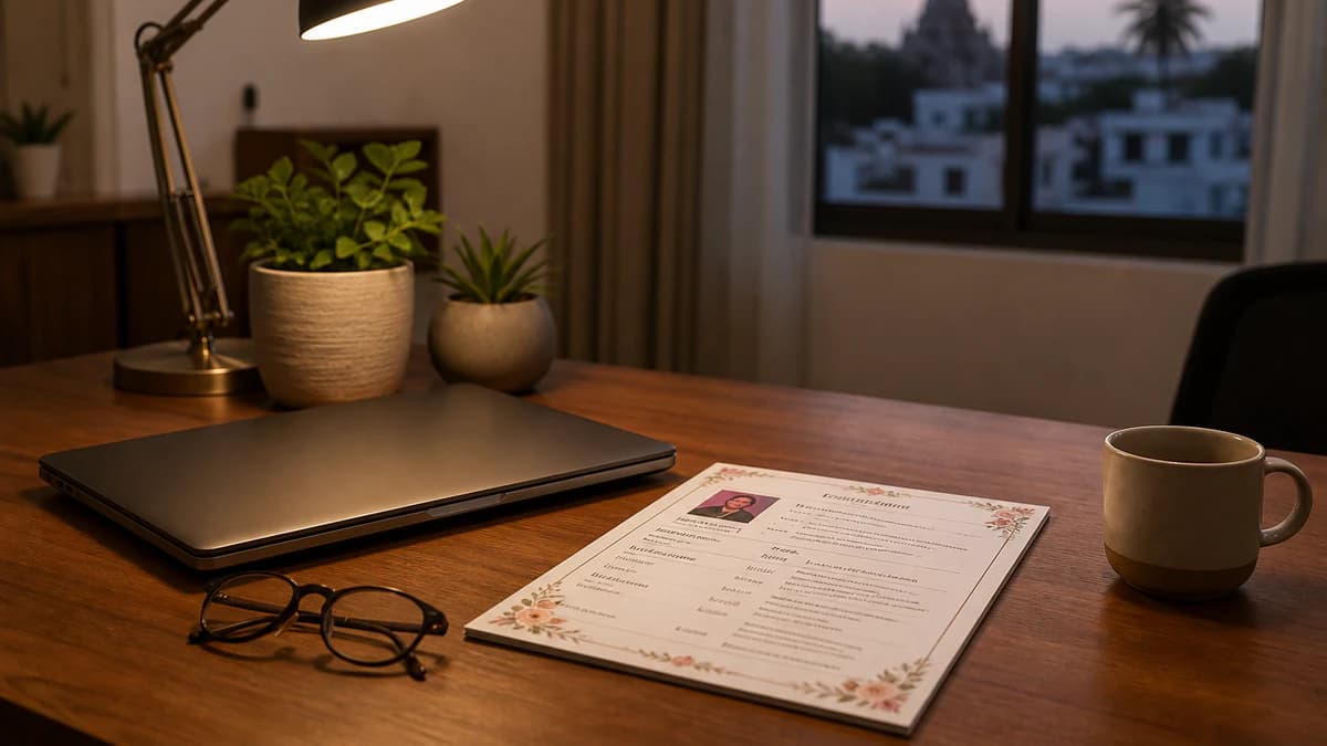 Desk with laptop and printed marriage biodata ready for review