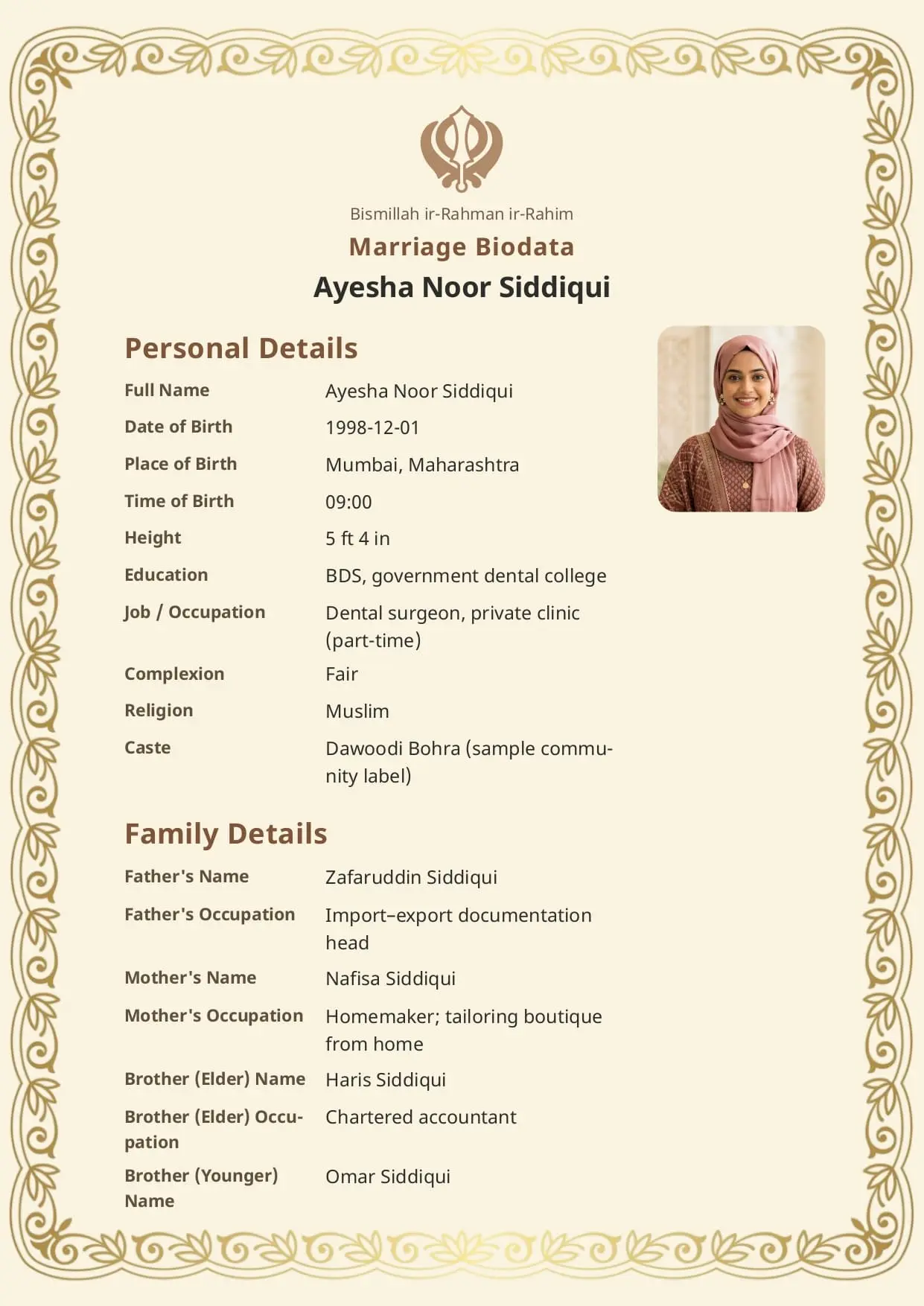 Free Classic Sandal marriage biodata template (classic-sandal) — BiodataBliss PDF preview