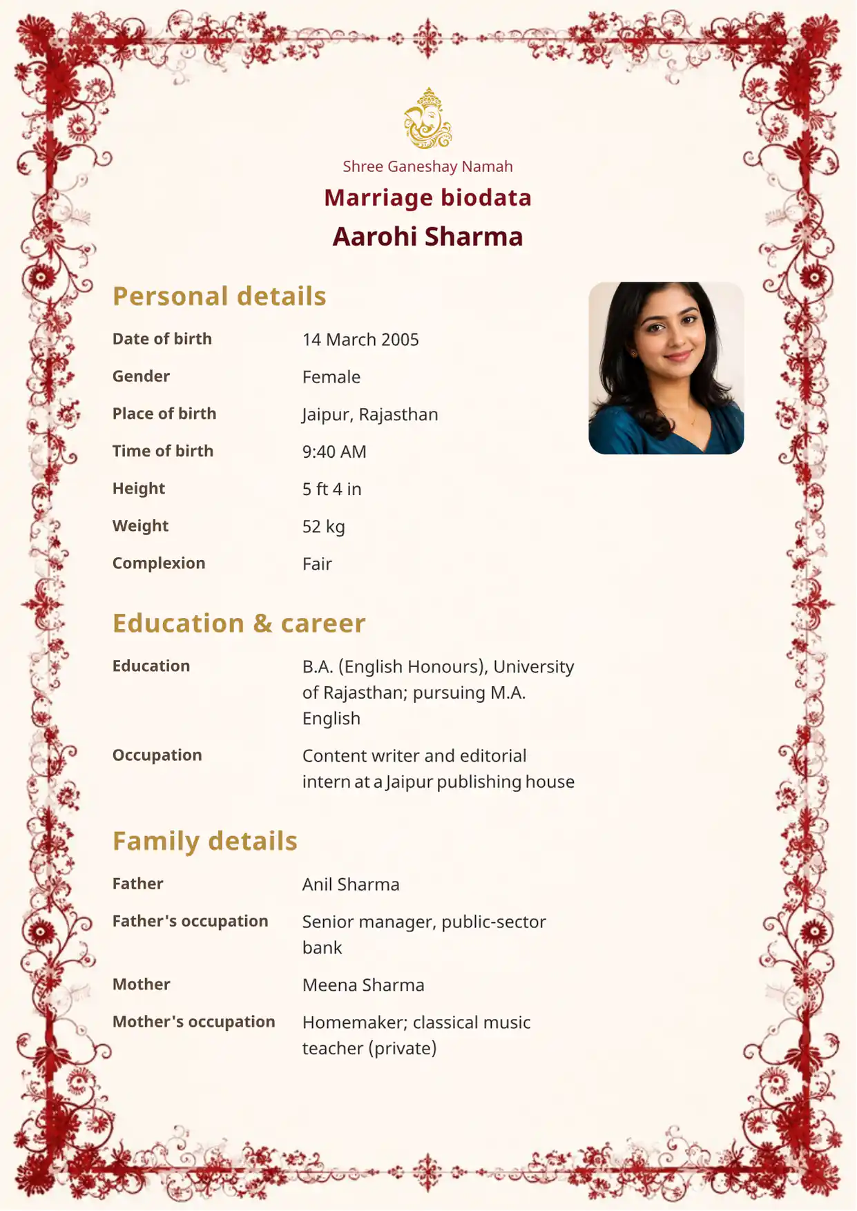 Premium Crimson Heritage marriage biodata template (crimson-heritage) — BiodataBliss PDF preview