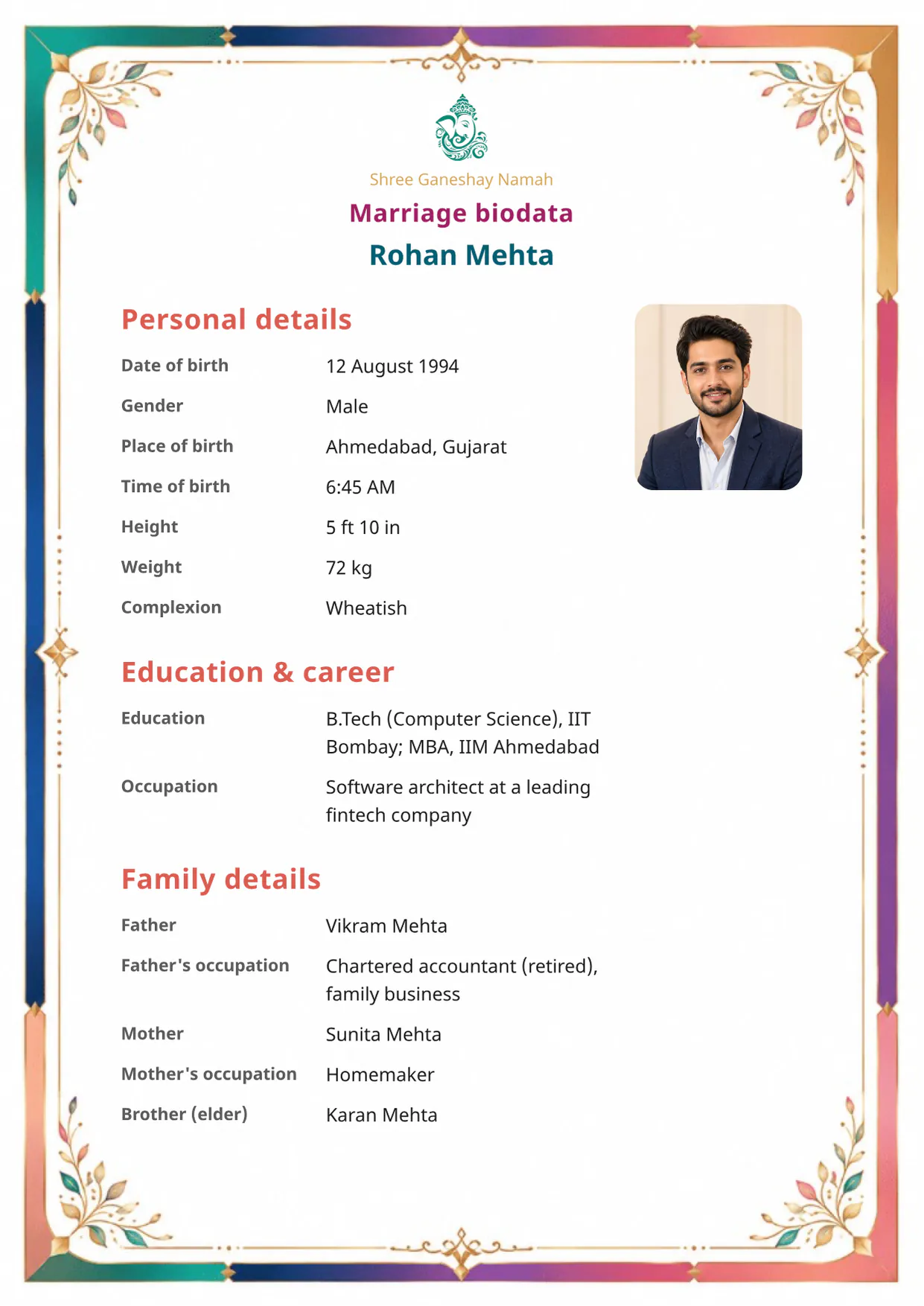 Premium Divine Elegance marriage biodata template (divine-elegance) — BiodataBliss PDF preview
