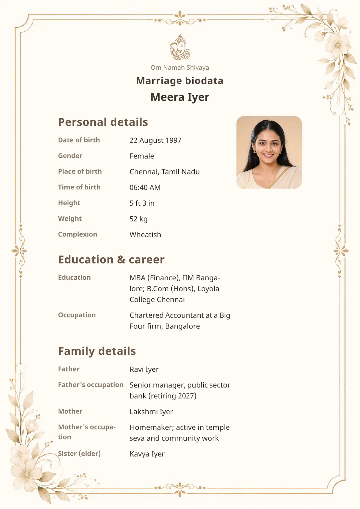Elegant Floral marriage biodata template — BiodataBliss
