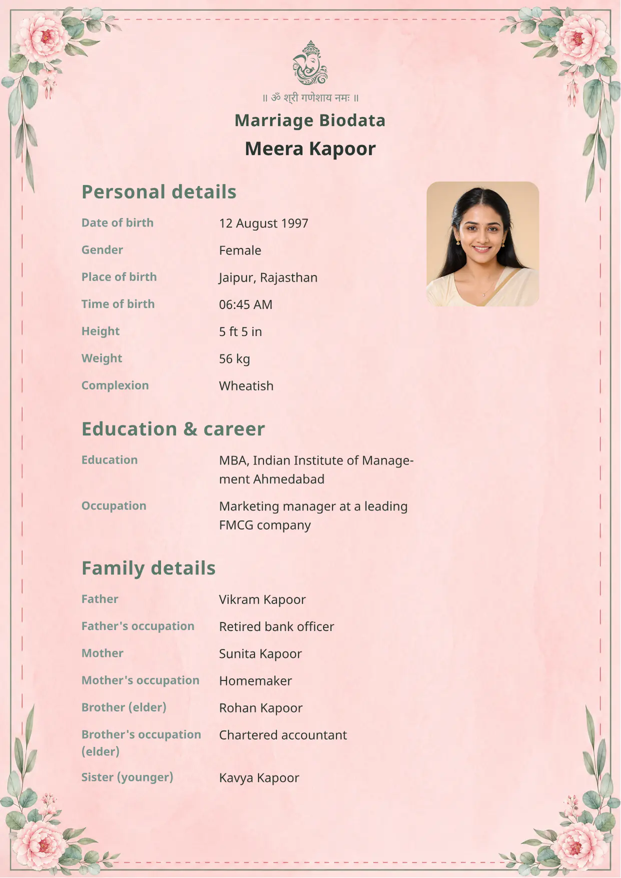 Free Lotus Dawn marriage biodata template (lotus-dawn) — BiodataBliss PDF preview