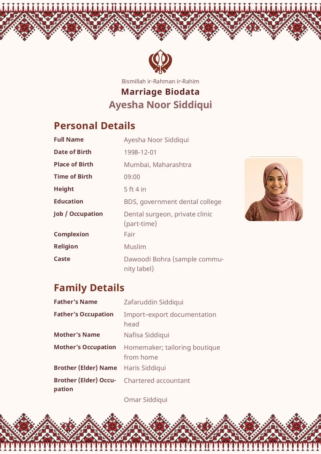 Free Maroon Heritage marriage biodata template (maroon-heritage) — BiodataBliss PDF preview