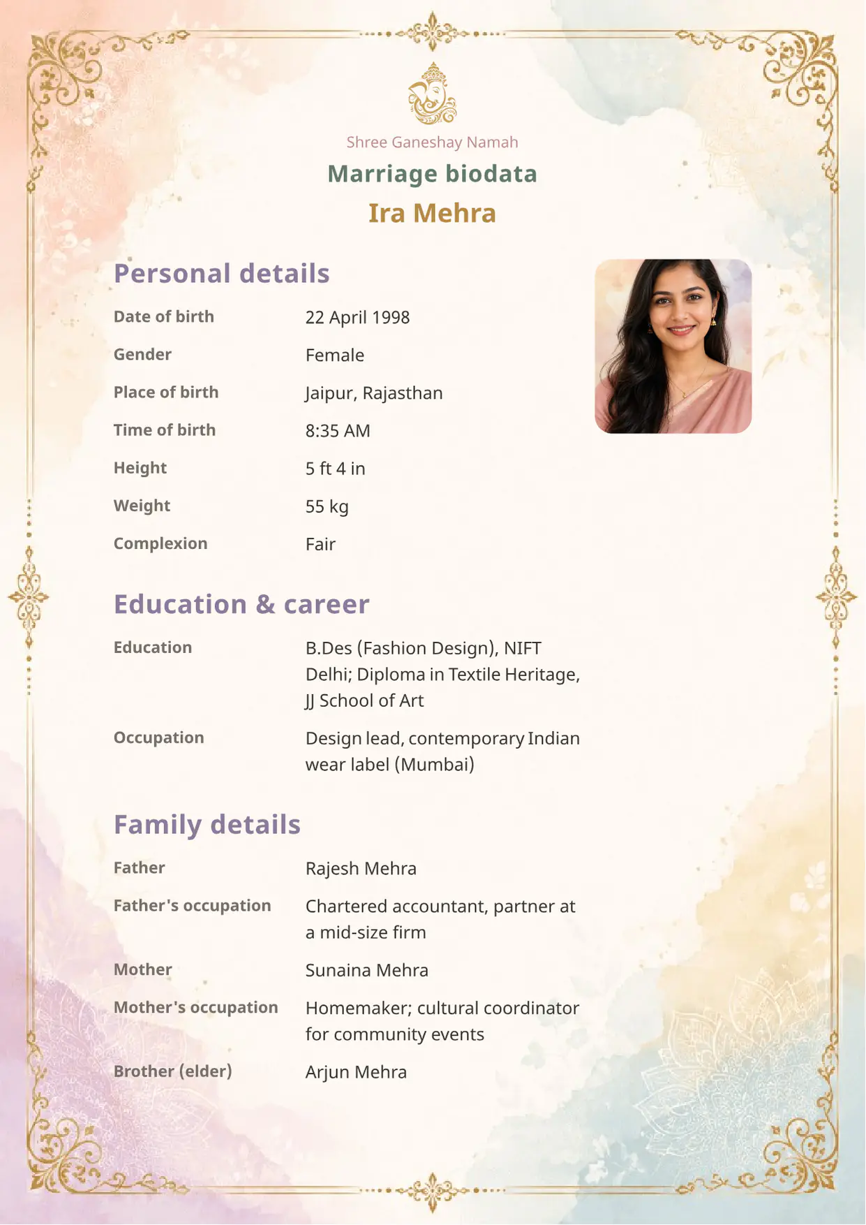 Free Pastel Grace marriage biodata template (pastel-grace) — BiodataBliss PDF preview