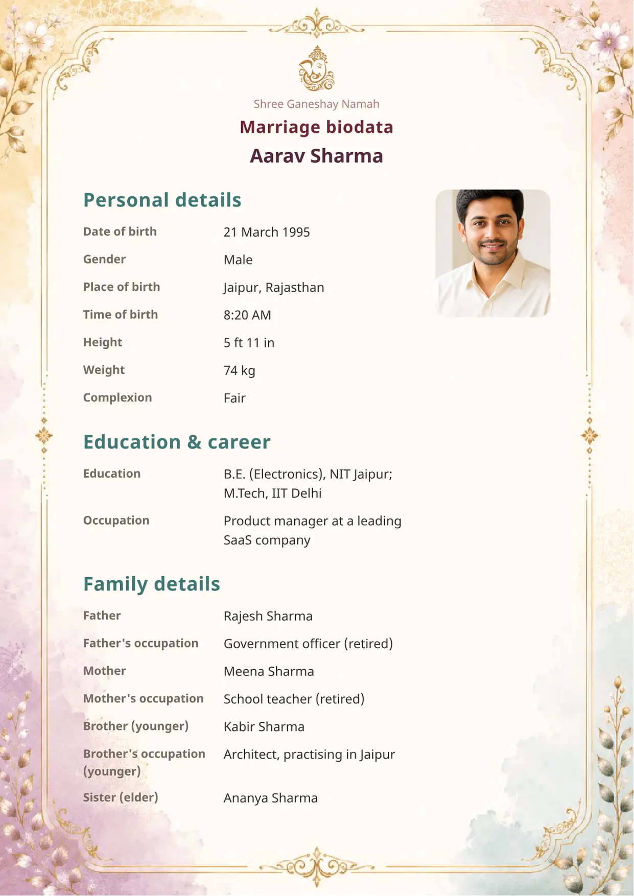Free Pastel Heritage marriage biodata template (pastel-heritage) — BiodataBliss PDF preview