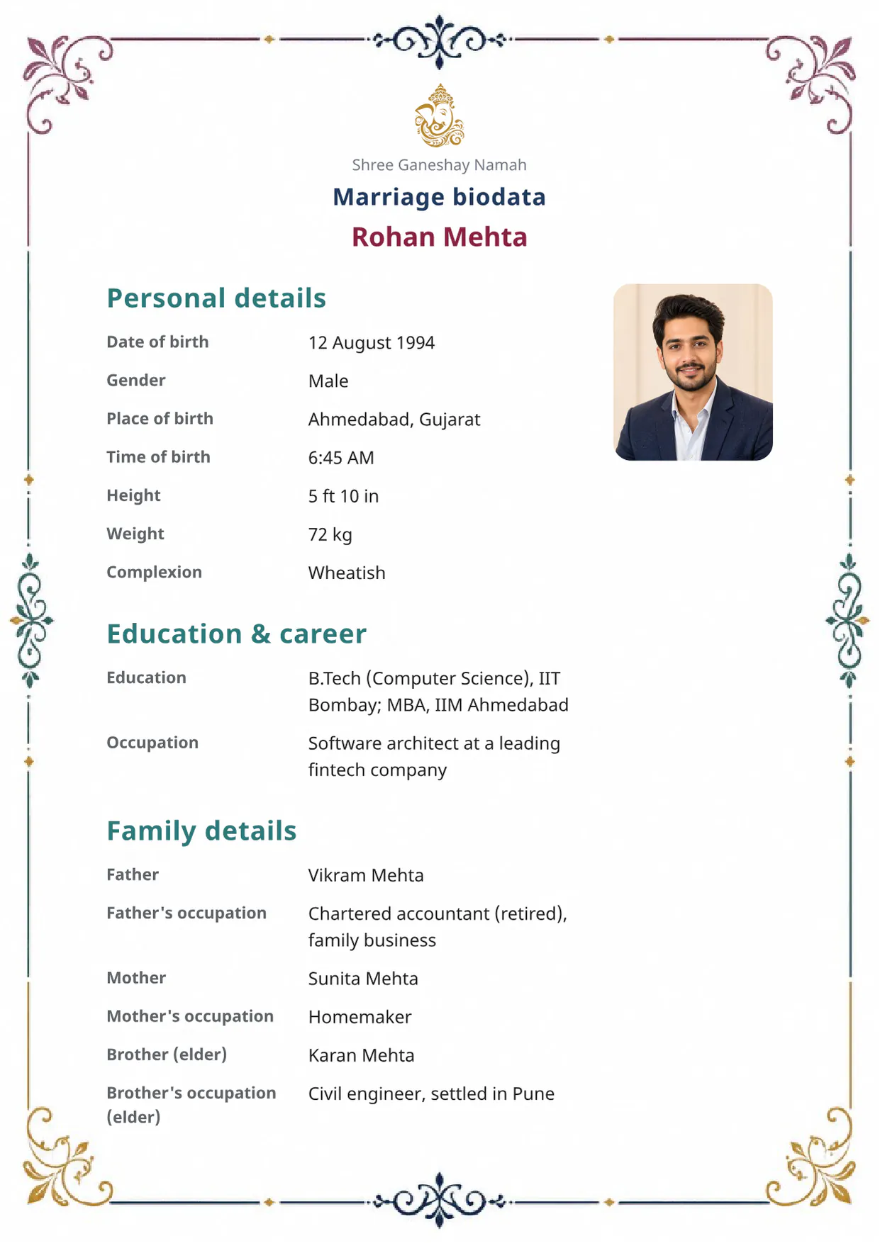 Free Premium Aura marriage biodata template (premium-aura) — BiodataBliss PDF preview