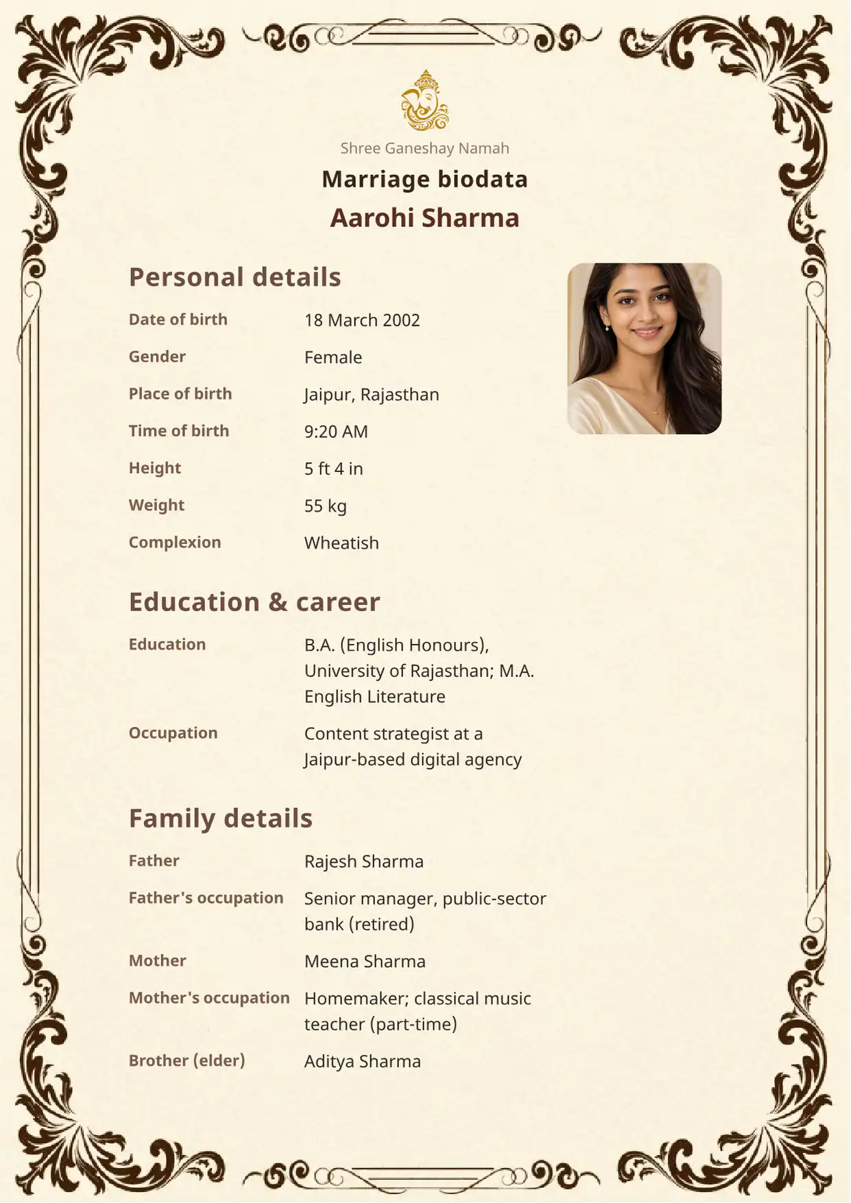 Premium Regal Heritage marriage biodata template (regal-heritage) — BiodataBliss PDF preview