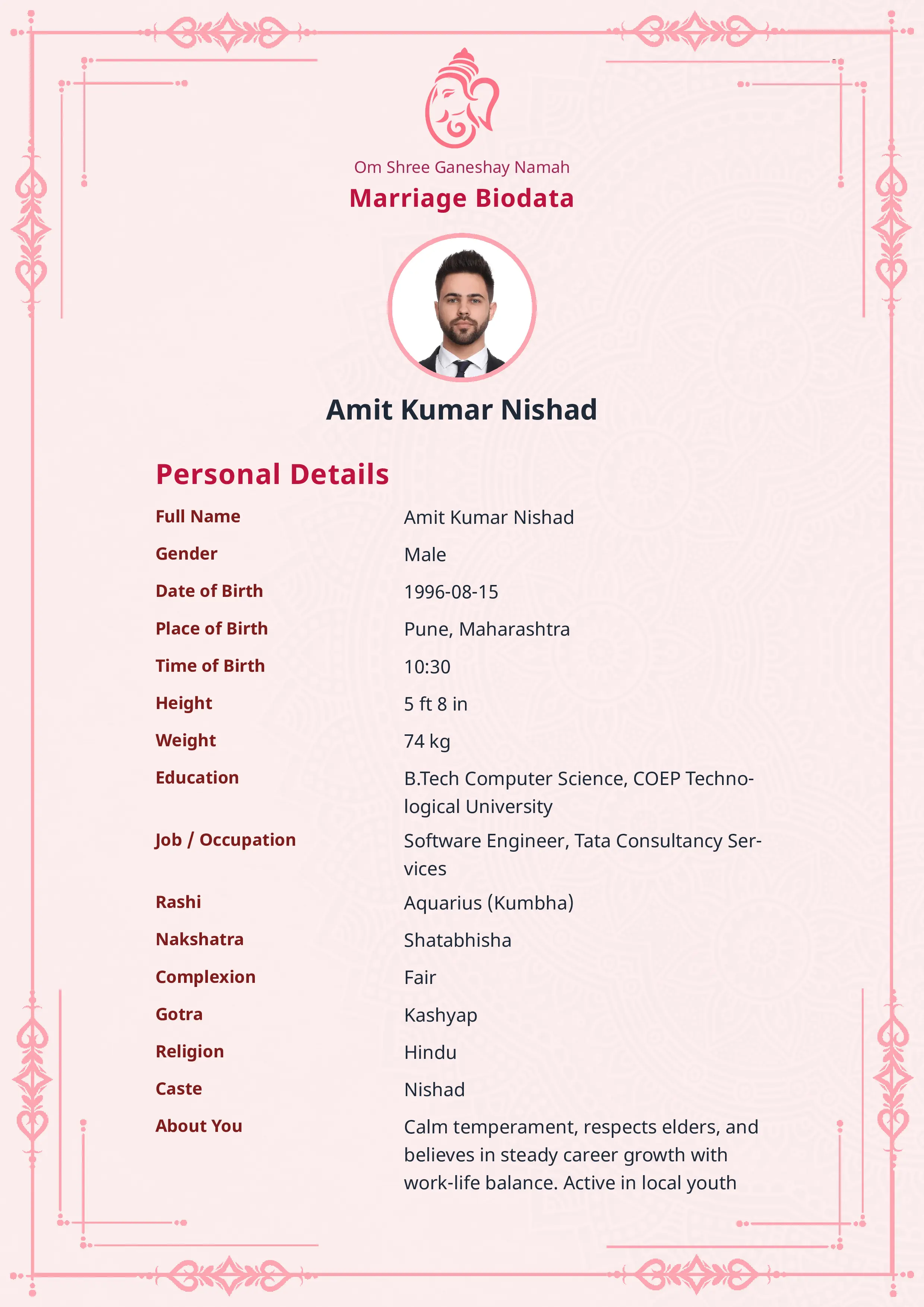 Free Rose Clean marriage biodata template (rose-clean) — BiodataBliss PDF preview