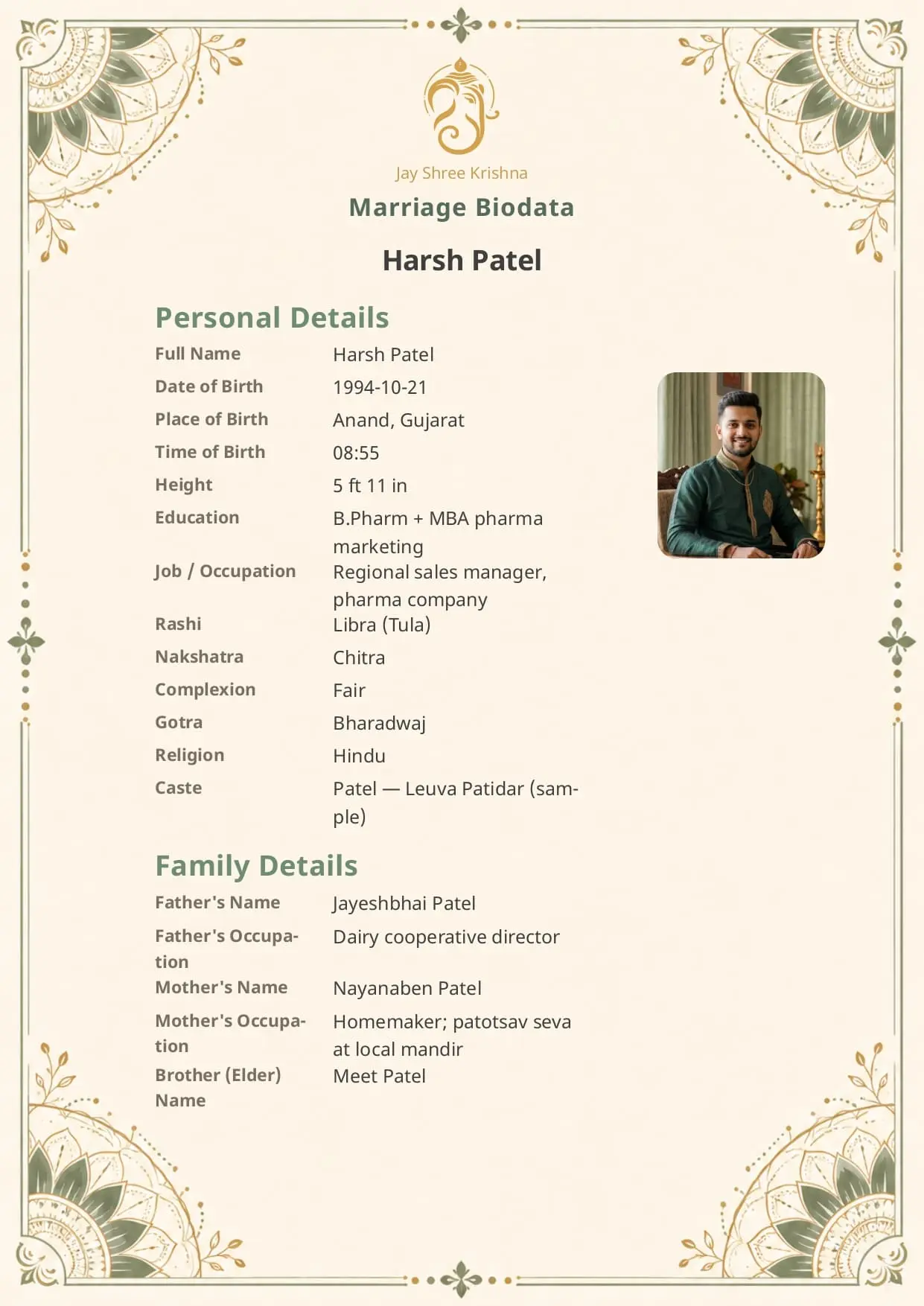 Sage Royale marriage biodata template — BiodataBliss