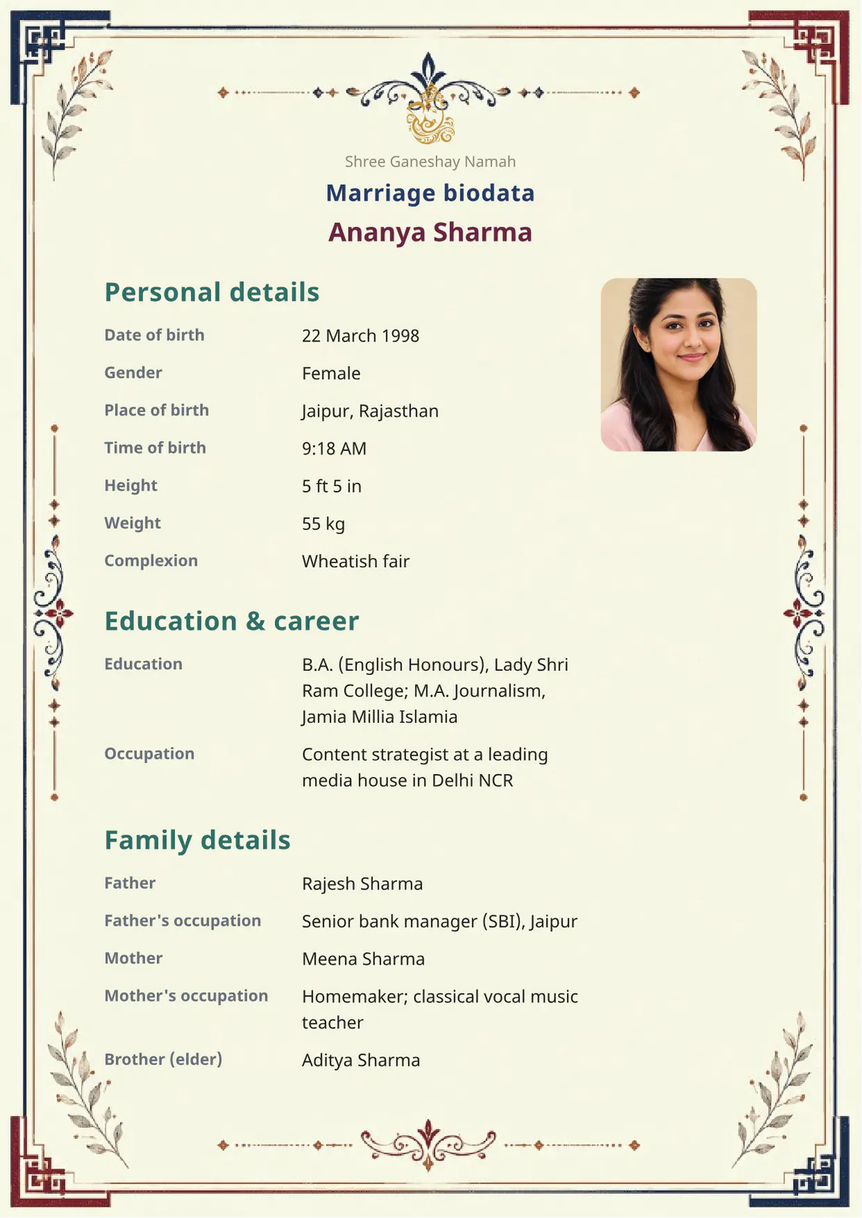 Free Sapphire Grace marriage biodata template (sapphire-grace) — BiodataBliss PDF preview