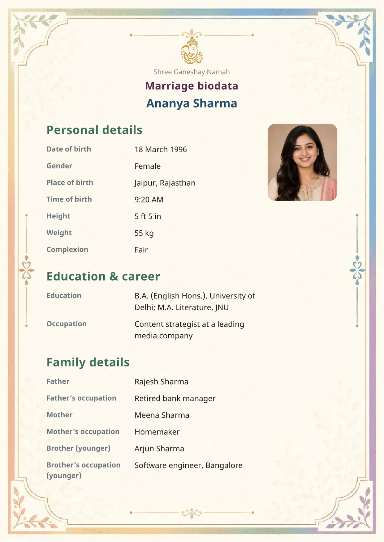 Free Signature Grace marriage biodata template (signature-grace) — BiodataBliss PDF preview