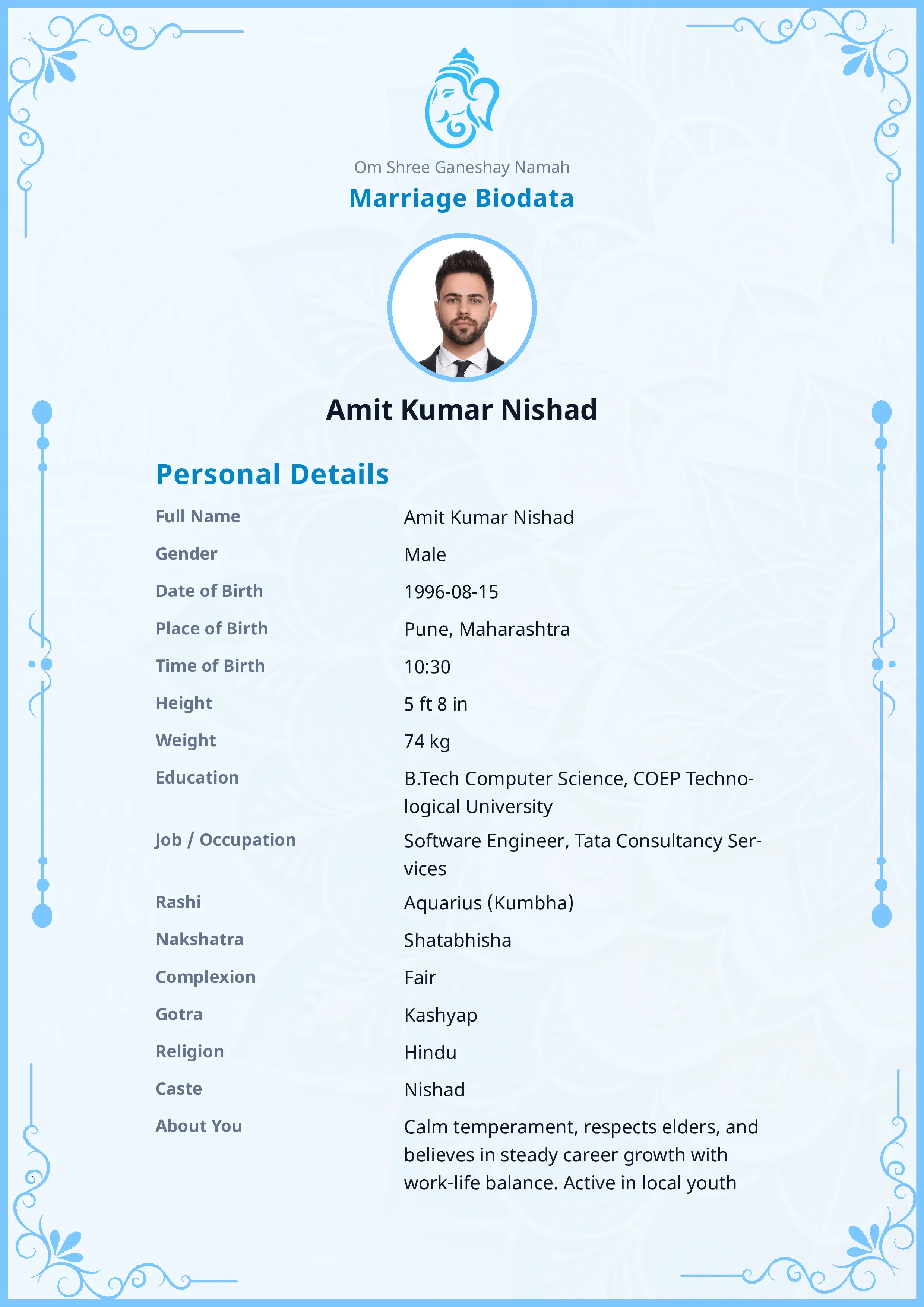 Free Soft Sky marriage biodata template (soft-sky) — BiodataBliss PDF preview