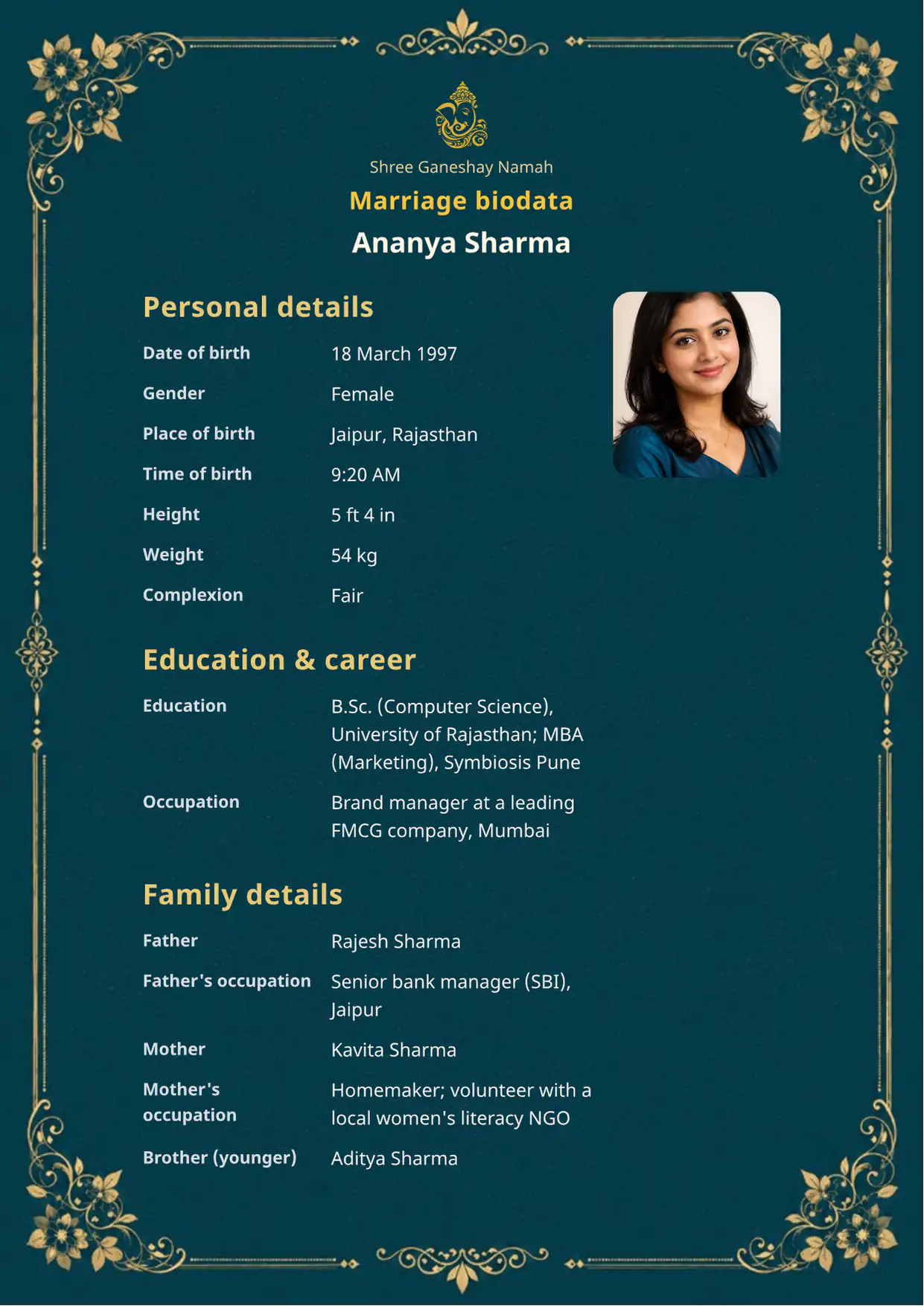 Free Teal Majesty marriage biodata template (teal-majesty) — BiodataBliss PDF preview