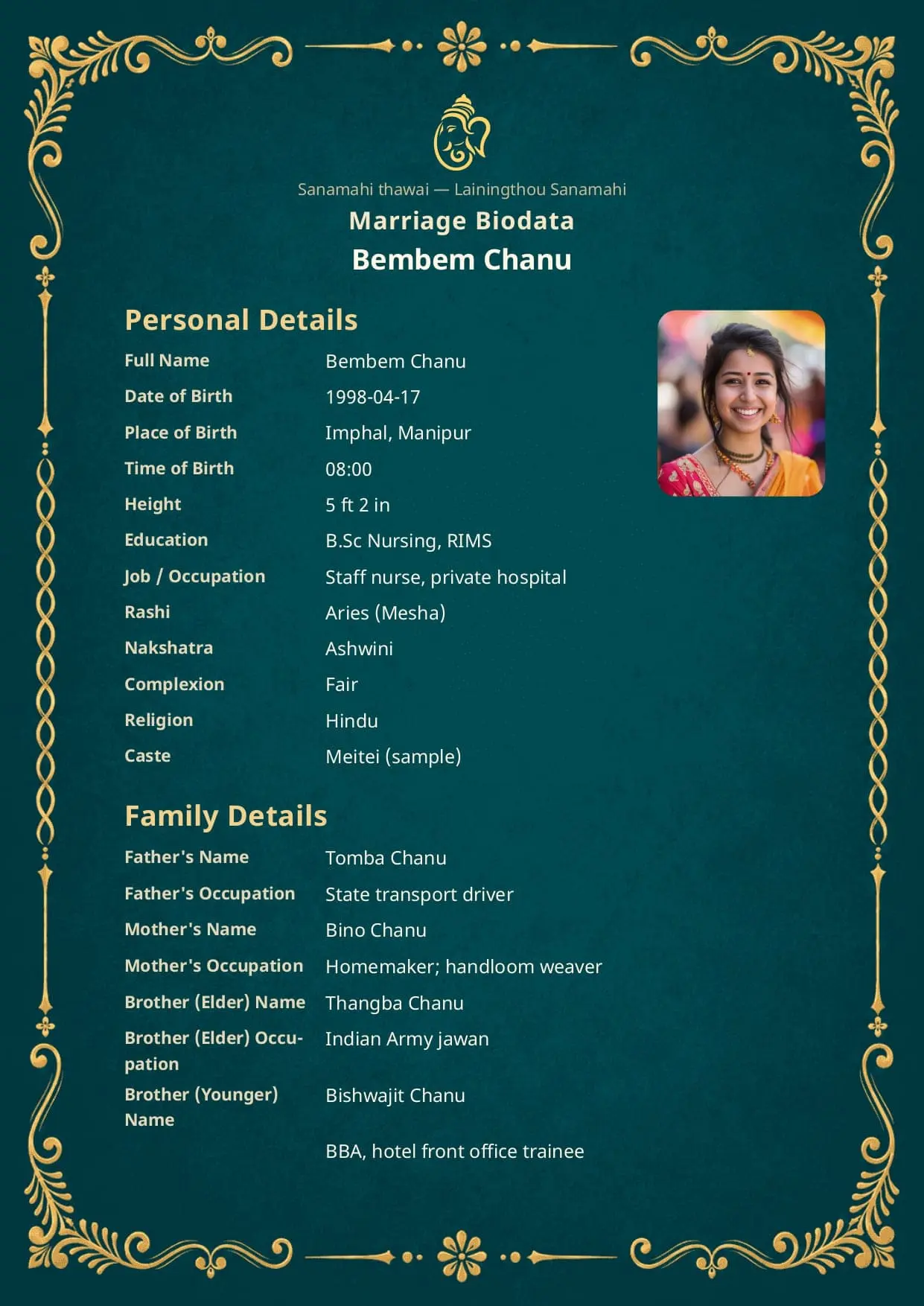 Free Teal Royale marriage biodata template (teal-royale) — BiodataBliss PDF preview