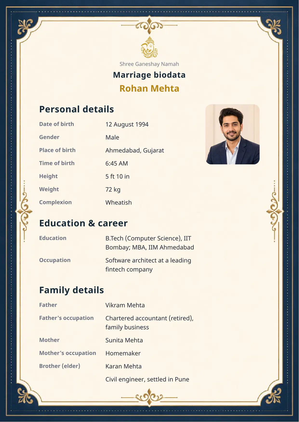 Free Timeless Elegance marriage biodata template (timeless-elegance) — BiodataBliss PDF preview