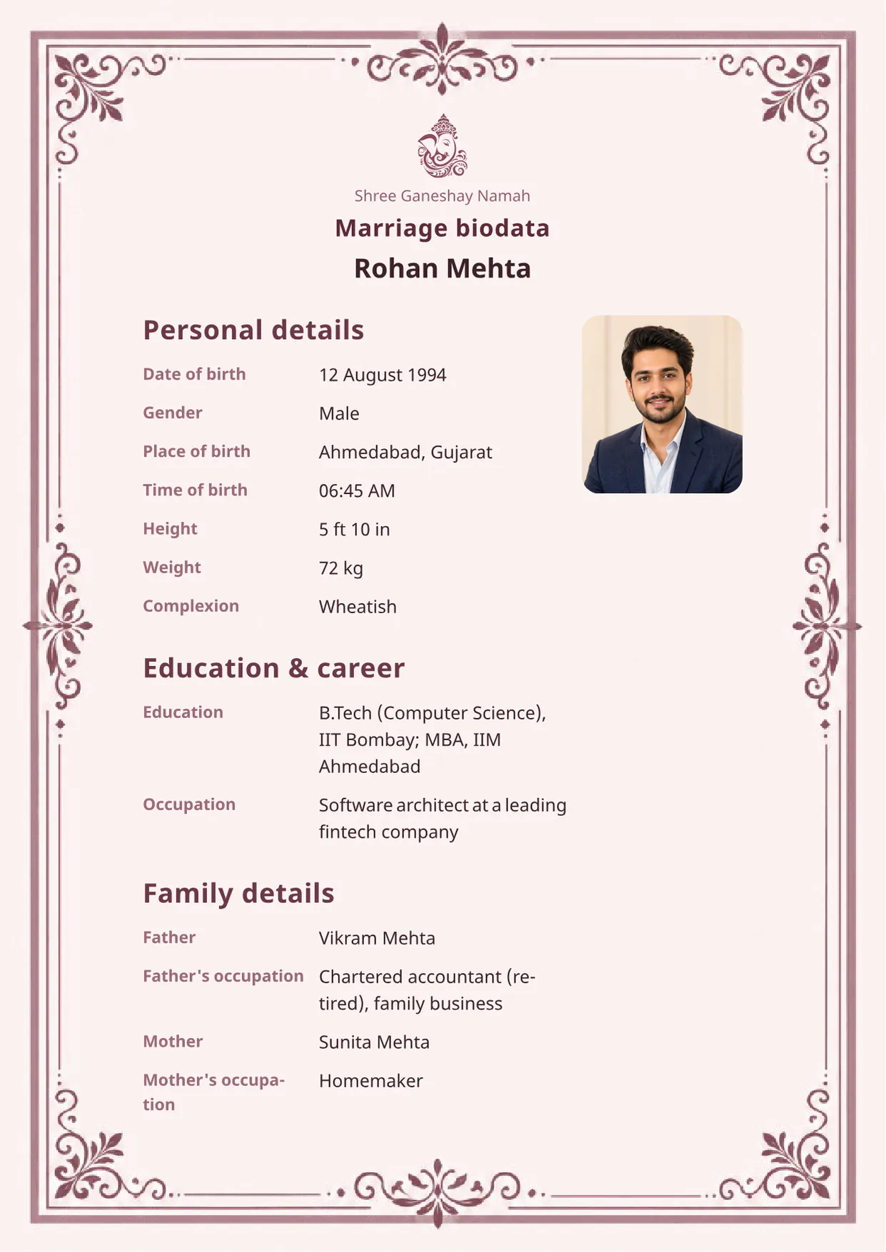 Free Velvet Bloom marriage biodata template (velvet-bloom) — BiodataBliss PDF preview