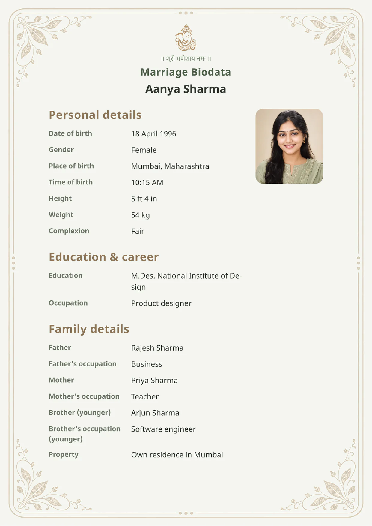 Verdant Ivory marriage biodata template — BiodataBliss