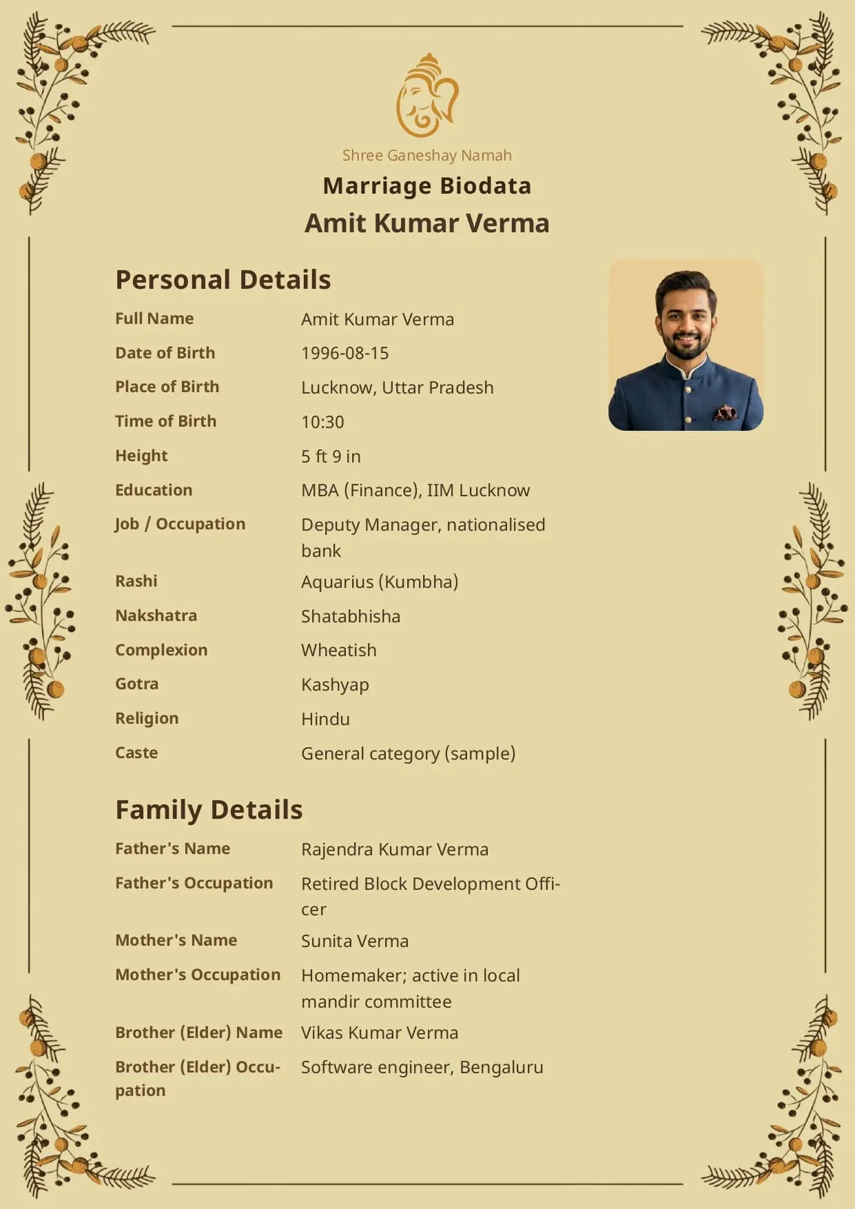 Vintage Gold marriage biodata template — BiodataBliss